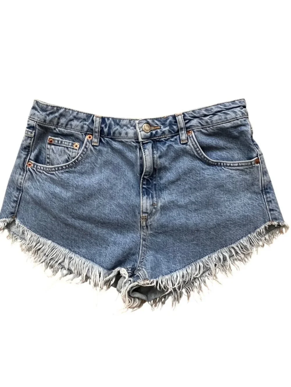 TopShop Fringed Raw Hem Jean Shorts Womens 10 Coastal Cowgirl Boho Festival